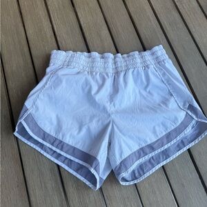 Athleta Racer Run Shorts Women’s Small – White with Gray Trim